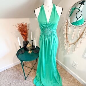 Vintage JCPenny Kelly Green Mandala Lace Halter Open Back Maxi Dress